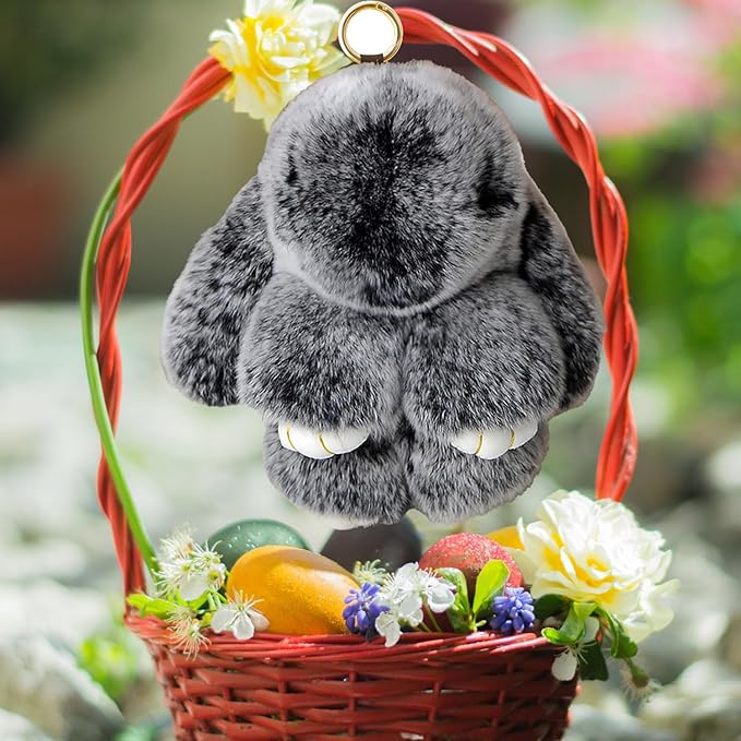 Bunny Keychain with Tin,Bunny Handmade Soft Pompom Charms,Fluffy Keychain Accessories for Womens
