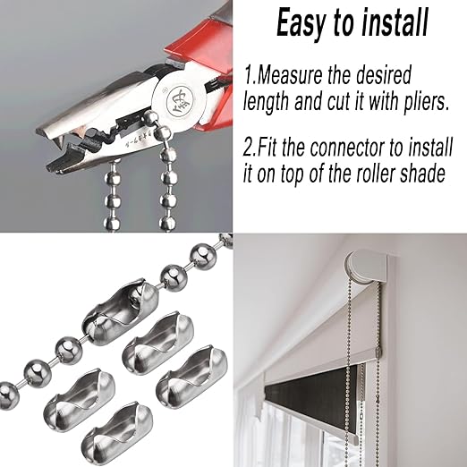 #10 Beaded Ball Chain (4.5mm) – 16.4 Feet Spool & 8pcs Connector Clasps for Roller Shade Chain, Vertical Window Blinds, Dog Tag Chain, DIY Projects, Plumbing and Industrial Equipment Labeling