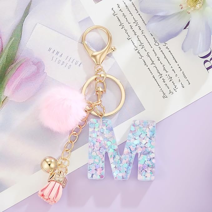 Resin Alphabet Initial Letter Keychain Keyring for Women Purse Handbags With Fur Ball Pom