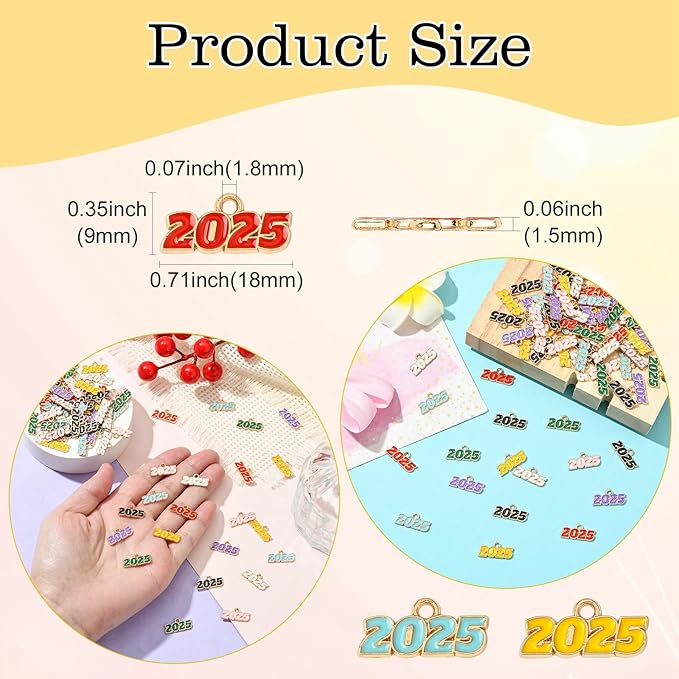 Stiesy 80 Pcs 8 Colors Colorful Enamel 2025 Year CharmsNumber 2025 Letter Graduation Tassels Dangle Charms Bulk for Jewelry Making Crafts DIY Bracelets Necklace Presents
