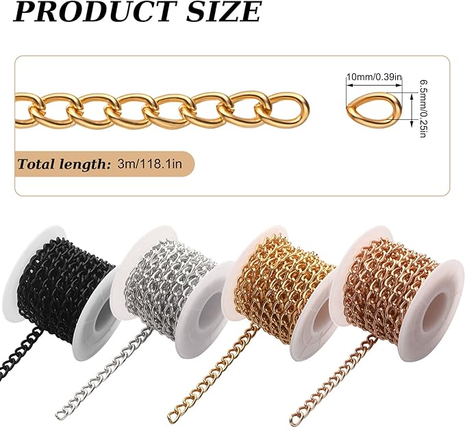 Jadive 4 Rolls 39.4 Feet Aluminium Necklace Chains 6.5 mm Twisted Links Spool Chain Jewelry Making Chains for Bracelet Necklace Jewelry Making(Rose Gold, Black, Silver, Gold)