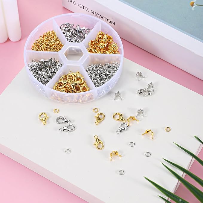 570 Pcs Lobster Claw Clasps Set with 4mm Open Jump Rings Connectors and 4mm Bead Tips Knot Covers for Jewelry Making Kit Jewelry Clasps DIY Craft (Gold,Silver)