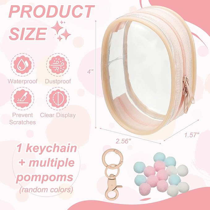 uxcell 4 Inch Clear Figure Display Bag, Mini Clear Pouch Waterproof Coin Pouch with Keychain and Pom Poms for Blind Box Doll Display (Round, Dusty Mauve)