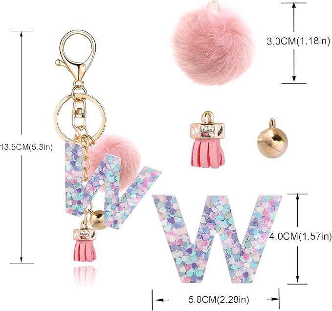 Resin Alphabet Initial Letter Keychain Keyring for Women Purse Handbags With Fur Ball Pom