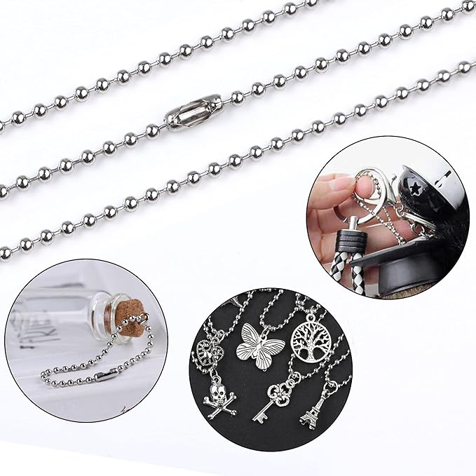 SANNIX 100Pcs Ball Beads Chain, Bulk Dog Tag Metal Chain, 4.72 Inches Ball Chain Keychains with Connectors (Silver)