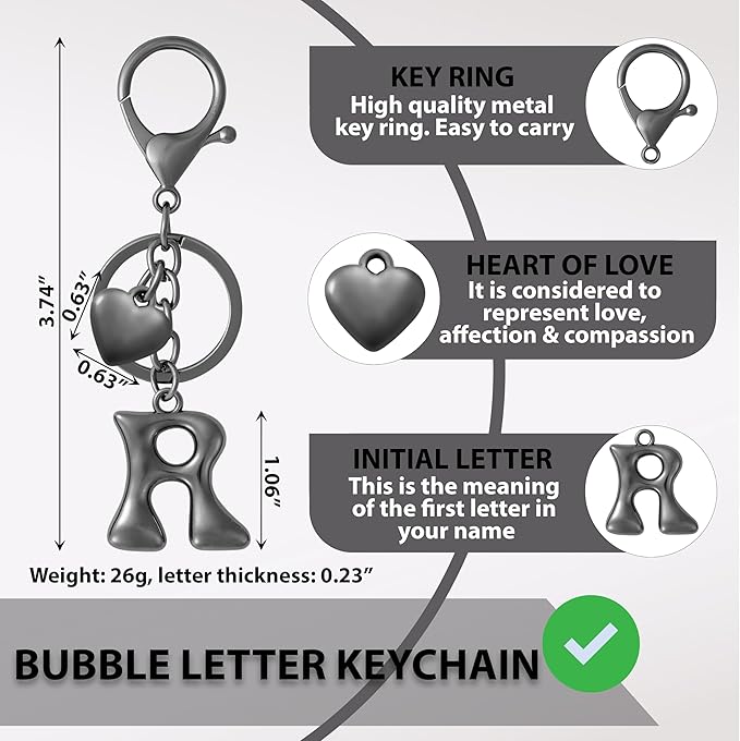 Heart Bubble Letter Keychain for Women, Girls - Cute Keychain with Initial - Alphabet Keychain for Bag Charm, Handbag
