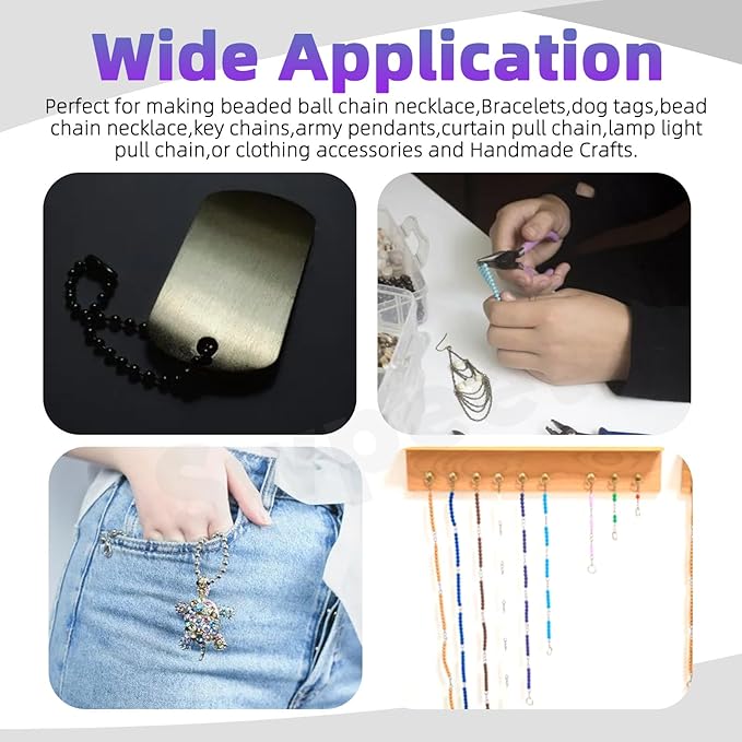 Swpeet 10 Colors 1m/3.28ft × 2.4mm Plated Ball Beaded Chains with 1Pc Pliers and 100 Pcs Connectors Kit, Bead Link Dog Tag Chain Roll, Necklace Chains, Pull Chain Roll Spool Ball for Keychain Tags