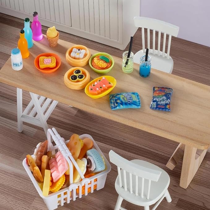 150Pcs Miniature Food Drinks Bottle Toys Mixed for Dollhouse Kitchen Accessories Mini Play Fake Resin Pretend Game Party Tableware 1/12 Doll House Bread Cake Models Micro