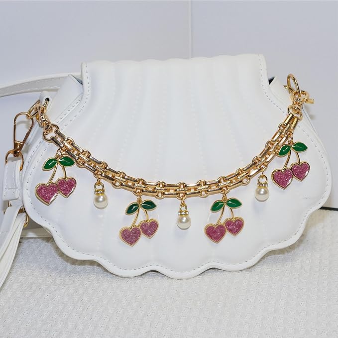 Cute Cherry Bag Chain Keychain with Pearl, Pink Bow Purse Charm, Trendy Handbag Bag Charm Keychain Accessories for Women