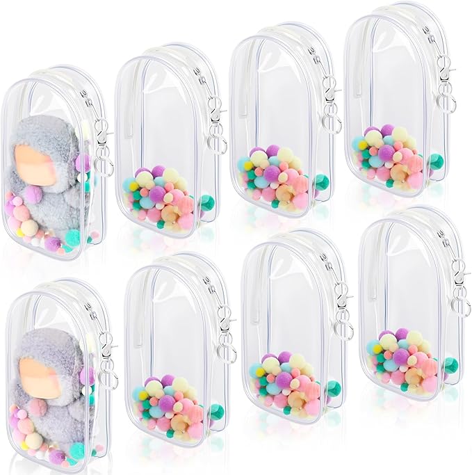 8 Pcs Clear Figure Display Bag, Portable Figures Storage Bag with Keychain, Pouch Blind Box Single Zipper Closure Collectibles Case Keychain for Mini Plushies, Dolls (Clear)