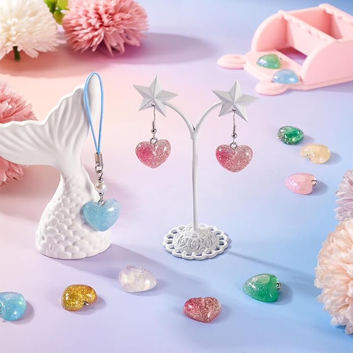 Resin Love Heart Star Flower Charms Colorful Heart Floral Pentagram Pendants Cute Hang Ornament for DIY Crafts Necklace Bracelet Keychain Jewelry Making