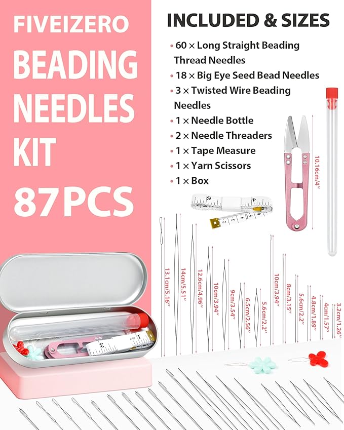 FIVEIZERO 87 Pcs Beading Needles Set – 3 Types: 6 Sizes Big Eye Seed Bead Needle & 6 Sizes Long Straight, Collapsible Twisted Flexible Needle, Beading Needles for Jewelry Making