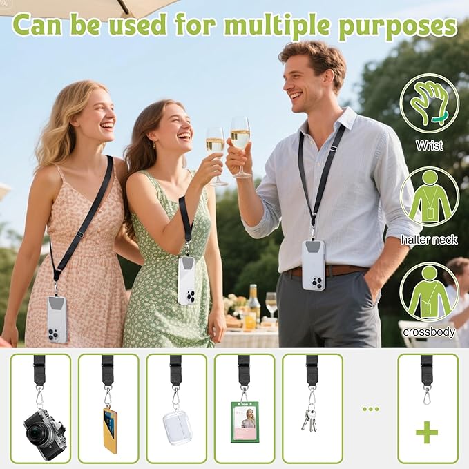 takyu Phone Lanyard, 2 Pack Adjustable Anti-Drop Neck/Wrist Strap with 2 Pcs Tether Patches, Secure Hands-Free Compatible for iPhone Samsung Perfect for Nurses, Teachers, Travel, Hiking Black