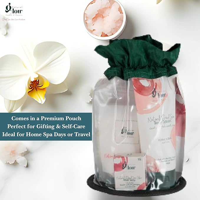Natural Glow Dead Sea Skincare Gift Set – Mud Mask, Bath Salt, Body Lotion & Mud Soap – Detoxifying, Hydrating & Mineral-Rich Spa Kit for Face & Body – 100% Natural – Travel-Friendly Pouch (4-in-1)