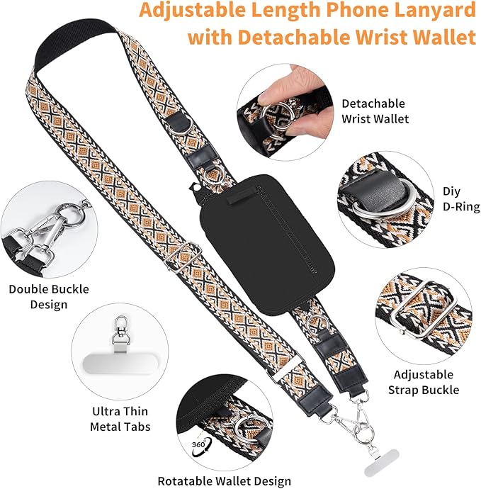 Clip and Go Strap for Phone with Wallet Crossbody Phone Lanyard with Anti-Theft Zipper Pouch Detachable Quilted Wrist Wallet with RFID and ID Window for Daily Travel. Black Large