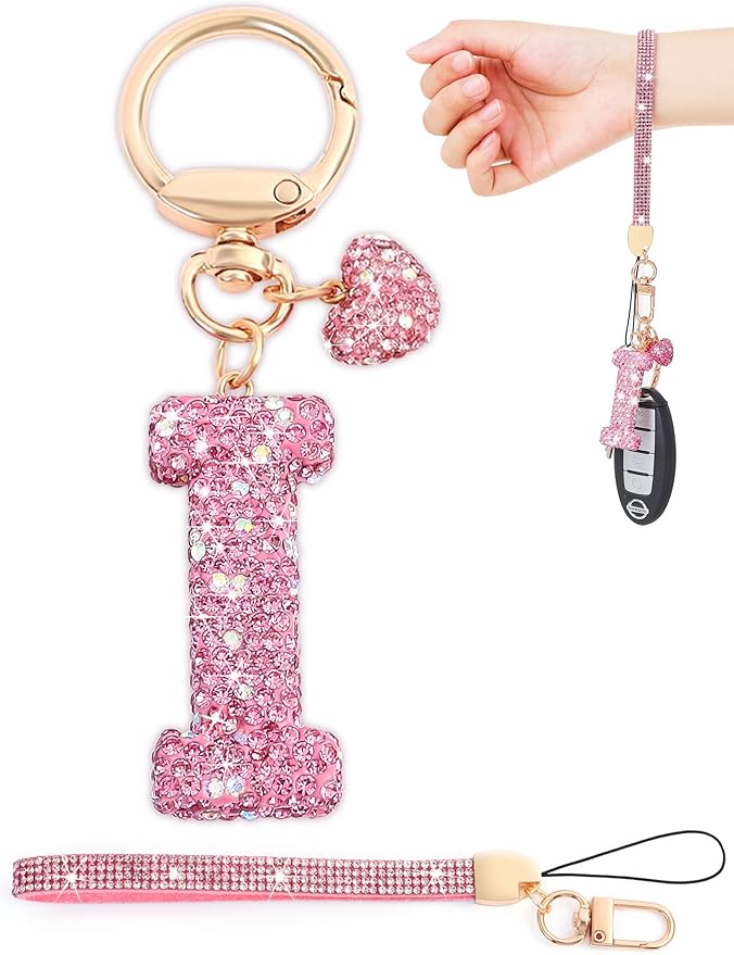 Initial Keychain for Women Girls,Bling Letter Key chain Initial with Heart,Pink Keychain Charms for Backpack Handbag
