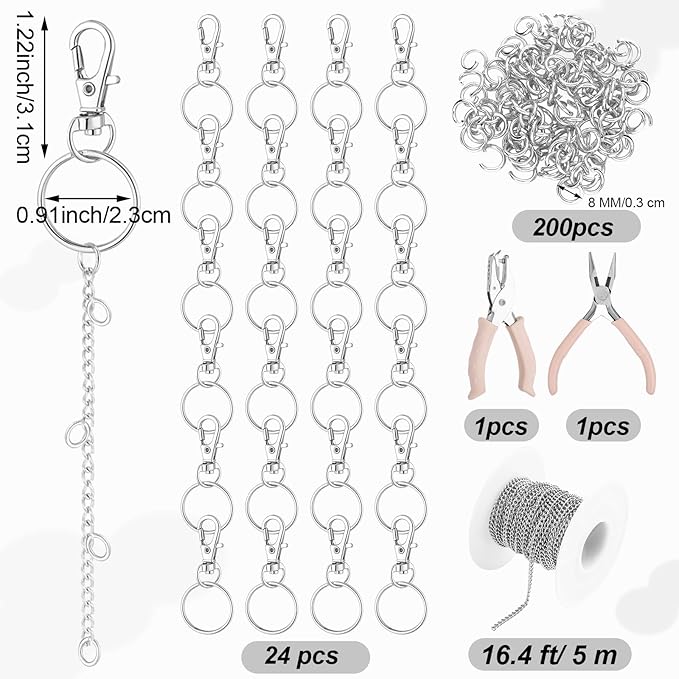 VioraWhite 227 Pcs Christmas Lip Gloss Keychain Making Kit Bulk 24 Keychain Clips with Lobster Claw Clasps 200 Jump Ring Chain Plier Hole Puncher for DIY Lip Gloss Crafts Supplies(Silver)