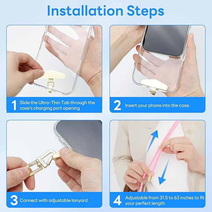 Adjustable Anti-Theft Phone Lanyard Neck & Crossbody Strap with 0.2mm Metal Tab & Comfort-Fit 8mm Rope (Light Pink)