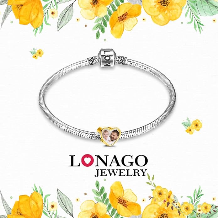 LONAGO 925 Sterling Silver Personalized Photo Charm Fit Compatible for Bracelet Necklace Customized Heart Round Shape Picture Bead