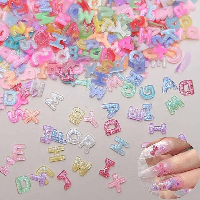 300 Pcs Letter Nail Art Charms, CYHYII 3D Mixed Candy Colorful Letter Resin Nail Rhinestones Shiny Glitter Nail Gems DIY Manicure Nail Decoration Accessories for Women Girls