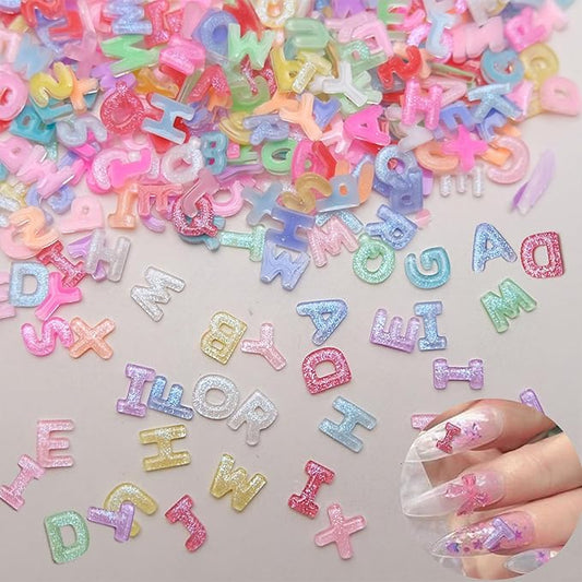 300 Pcs Letter Nail Art Charms, CYHYII 3D Mixed Candy Colorful Letter Resin Nail Rhinestones Shiny Glitter Nail Gems DIY Manicure Nail Decoration Accessories for Women Girls