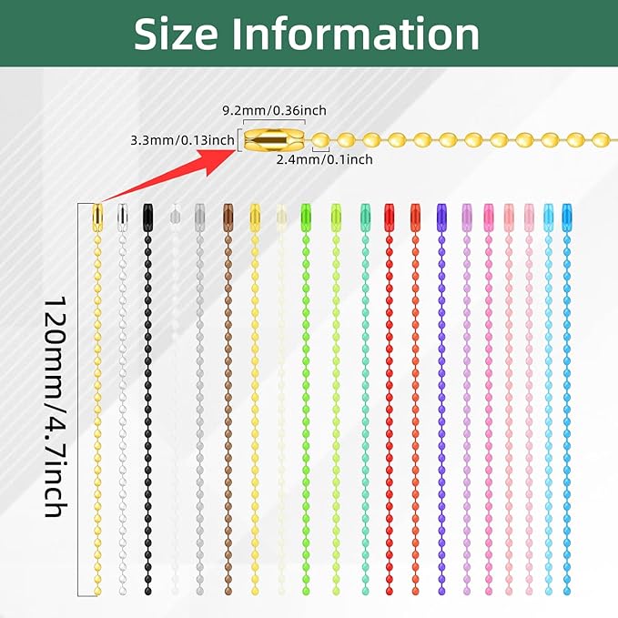 300Pcs 20 Colors Ball Bead Chain Ball Chain Keychain Dog Tag Necklace Chains Beaded Metal Keychain 2.4mm Beads Chains for Jewelry Making