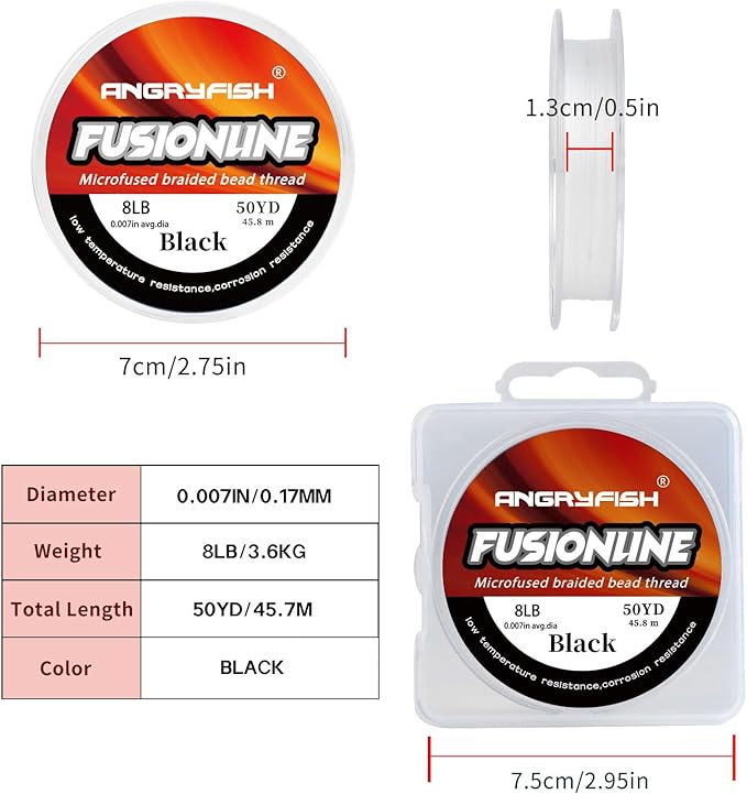 ANGRYFISH Fusionline,Micro-Fused Braided Thread,Unbelievably High Tensile Strength,Not Stretch,Super Strong Stringing Material for Bracelet,Jewelry Making and Bead Weaving (Black, 8lb,0.007in-50yd)