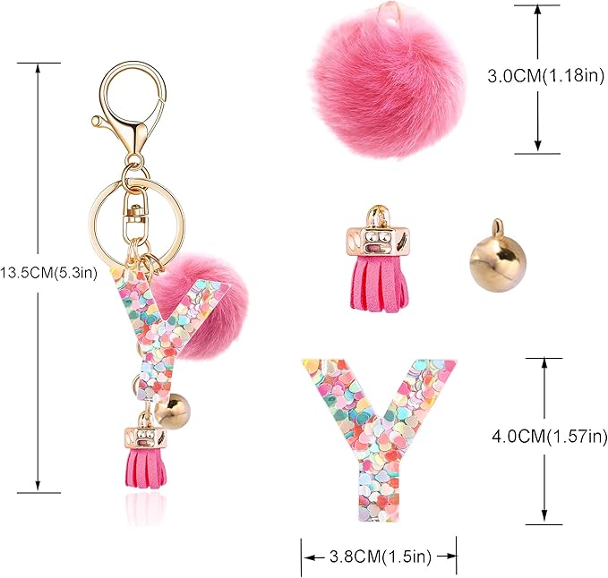 Resin Alphabet Initial Letter Keychain Keyring for Women Purse Handbags With Fur Ball Pom
