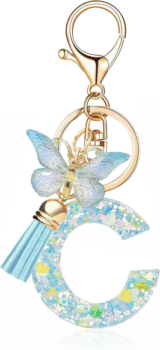 Fashion Alphabet Initial Letter Keychain Tassel Butterfly Pendant Key Ring for Purse Handbags Women Girl