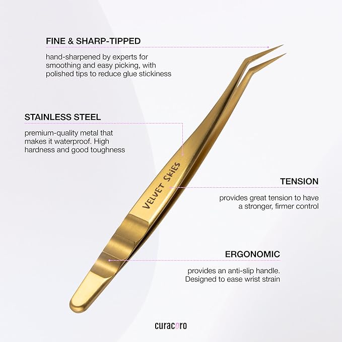 Curacoro Lash Tweezers - LashSmith 50° Long Tip Eyelash Tweezer for Isolation, Long Ultra-Firm Tip for Versatile Lashing Techniques