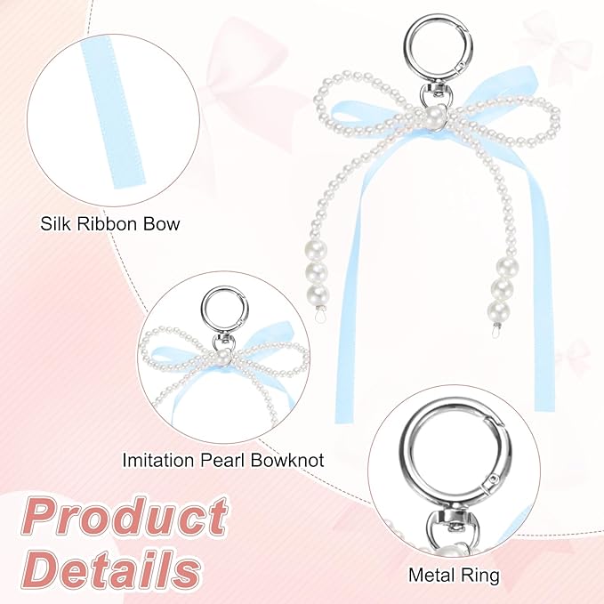 MECCANIXITY Pearl Bow Keychain, Y2k Aesthetic Imitation Pearl Bowknot Ribbon Keyring for Tote Bags Purse Handbag Charm