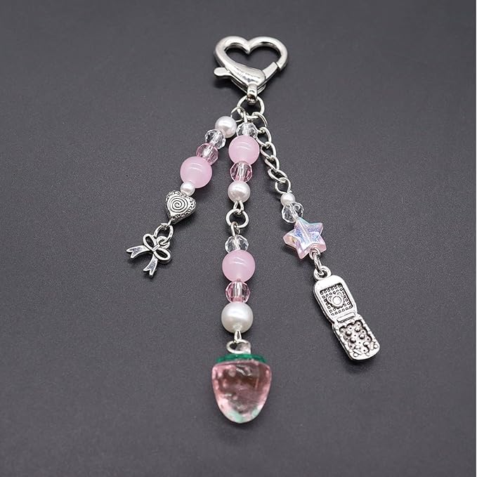 Angyape Cute Pink Strawberry Keychain Y2K Keychain Bow Flower Heart Pendant Bag Charms Kawaii Aesthetic Accessories for Women