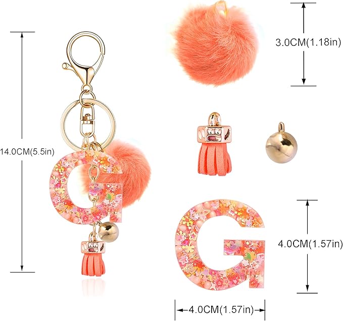 Resin Alphabet Initial Letter Keychain Keyring for Women Purse Handbags With Fur Ball Pom