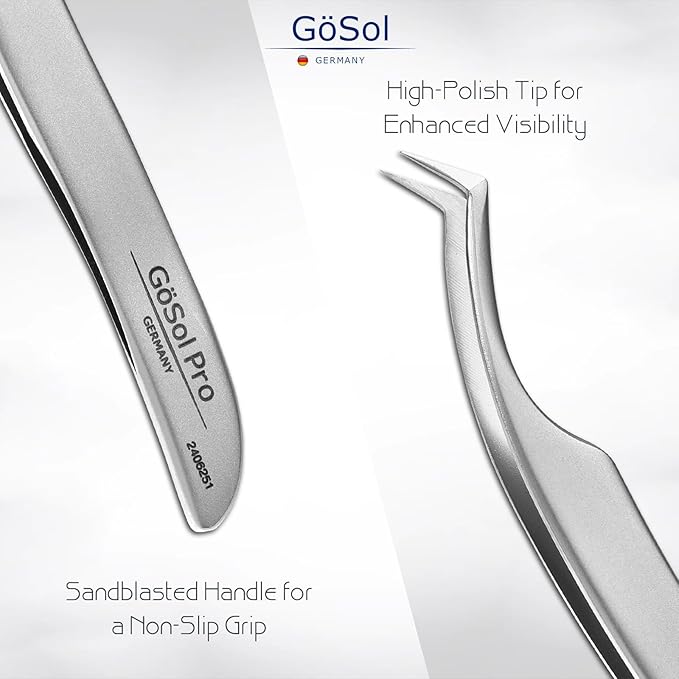 GöSol Pro Lash Tweezers for Eyelash Extensions, Professional Expert Eyelash L-shape Tweezers for High Precision Pick/Fan/Wiggle/Apply; 420 Stainless Steel Lash Tweezer for Volume & Classic Lashes