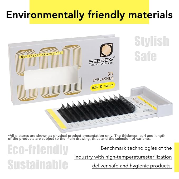 SEEDEW 3D Lash Extensions, 0.07mm C Curl 10mm 12 Rows/Tray, W Shape Flat Stem, Korean PBT Soft Natural False Eyelashes Grafting for Beginner Artist, Lash Tech, Beauty Salon(3D-Matte Black-0.07-C-10mm)