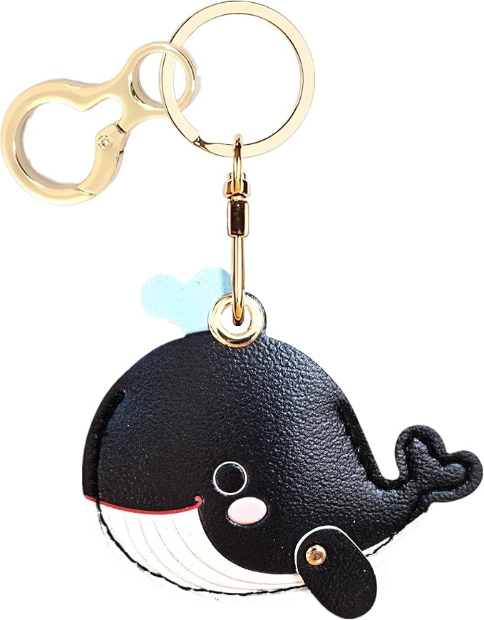 Leather Keychain Holder Case Compatible with AirTag,Cute Protective Cover with Keyring,Anti-Scratch Finder GPS Tracker Case for Wallet Keys,Bag,Pets(Whale Black)
