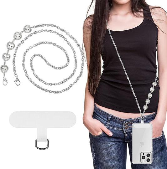 MoKo Universal Phone Lanyard, Metal Cell Phone Chain Crossbody Strap Anti-Theft Detachable Women Cellphone Lanyards Around The Neck with Patches for iPhone, Most Smartphones - Silver (Heart Shape)