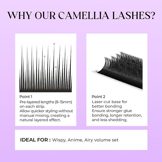 SAIGON LASH Camellia Eyelash Extensions, Layered Volume Lashes for Professionals, B/C/CC/D/DD Curl, 8-15mm Mixed Length, 0.07 Thickness, Soft Korean PBT Fiber, 16 Rows Tray (B-0.07)