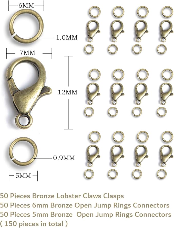 AD Beads 50 Pieces Lobster Claws Clasps Plus 100 Pieces 6mm Match Color Open Jump Rings Suitable for Necklace Bracelets Jewelry (7x12mm, Bronze)