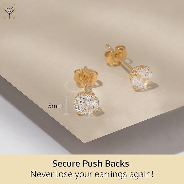 14k Gold Solitaire Round Cubic Zirconia Earrings Studs for Women & Men | Anti Tarnishing CZ Stud Earrings with 14k Gold Butterfly Pushbacks | 4MM-7.5MM by MAX + STONE