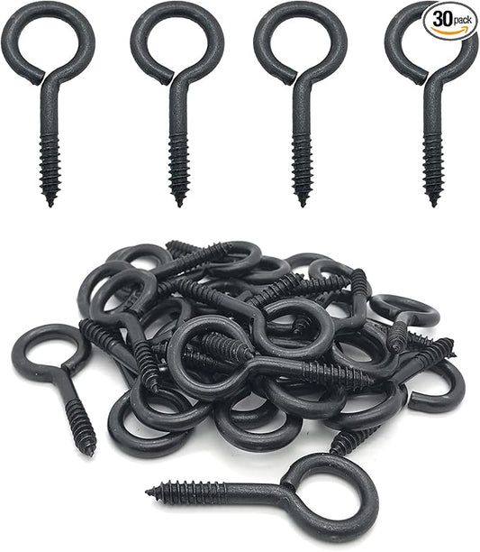 Screw Eyes, 2 Inch Metal Eye Hook, Zinc Plated Self Tapping Screw Hooks Ring, Eyelet Screws Black 30 Pcs