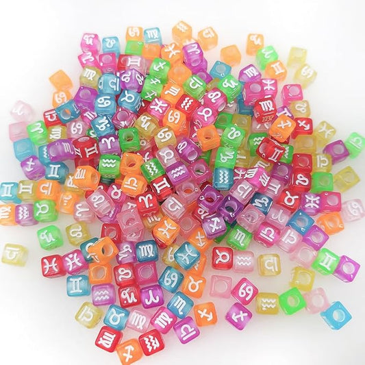 200+ Pieces 7x7mm Colorful White Cube Acrylic Alphabet Zodiac Charms Constellation Beads Mixed Plastic Shape Loose Beads forJewelry Making Bracelets Necklaces Key Chains (White on Colorful)