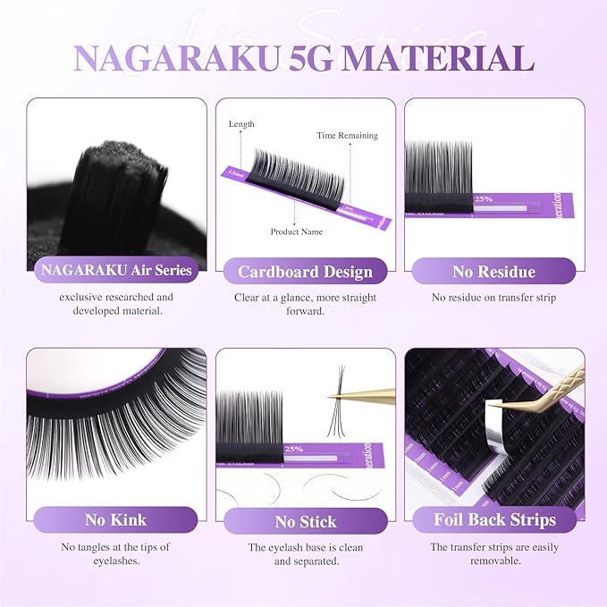 NAGARAKU Individual Eyelash Extensions, Volume & Classic Lashes 5th Generation Soft Natural Beauty Salon Professional Anti-rebound Single Lash Extension Supplies 16 Rows -0.07 D Curl 9mm
