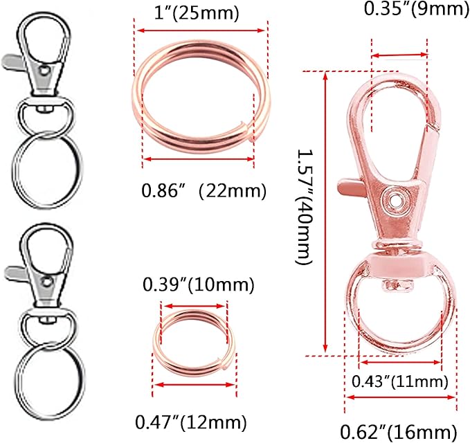 Rainbow Swivel Clasp Swivel Hook with Key Rings Clip Hook Snap Hook Keychain, 75 Pieces, Hardware Accessories for Purse DIY (Rose gold)