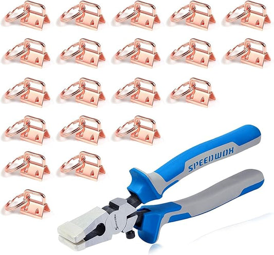SPEEDWOX 20 Pcs 0.8" Rose Gold Key Fob Hardware Set, 8 Inches Glass Breaking Pliers with Rubber Tips, for Wristlet Keychain Key Lanyard Making