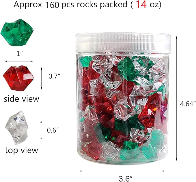 HappyFiller Christmas Decoration 14OZ Fake Ice Rocks Cubes Acrylic Gems Stones,Table Scatters, Photography Props Vase Fillers,Wedding,Crafts,Home Centerpieces,Candle Holder,Red,Green,Clear Mix