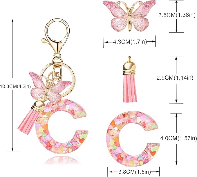 Fashion Alphabet Initial Letter Keychain Tassel Butterfly Pendant Key Ring for Purse Handbags Women Girl