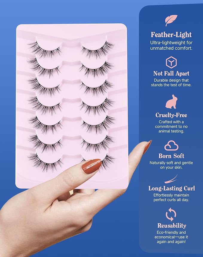 ENFOO Lashes Volume False Eyelashes Wispy Natural Look Everyday Flared Strip EyeLash Fluffy Lash Long Soft Round-Eye Pack 16MM 7 Pairs D89