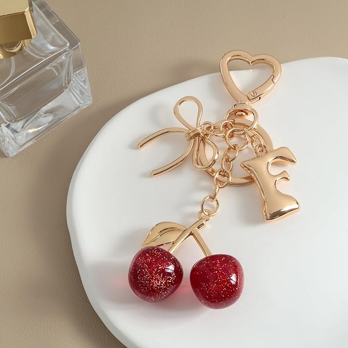 Snycler Bubble Initial Keychain with Cherry & Bow - Gold Letter Bag Charms for Women, Cute Purse Handbag Accessories