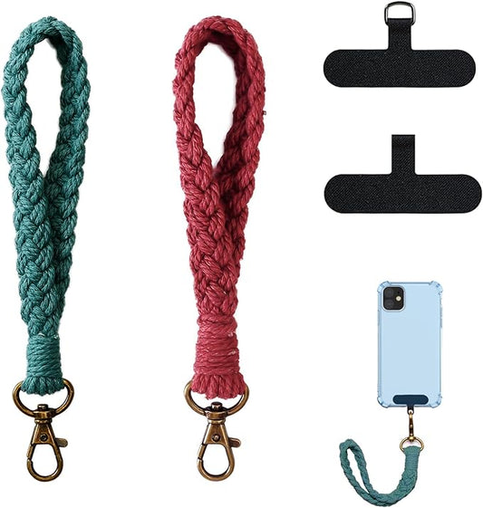 2 PCS Phone Wrist Strap, Cell Phone Lanyard, with 2× Phone Tether Tab, Handmade Macrame Keychain, Phone Case Wrist Lanyard for Women Girls(Dark Green+Red)